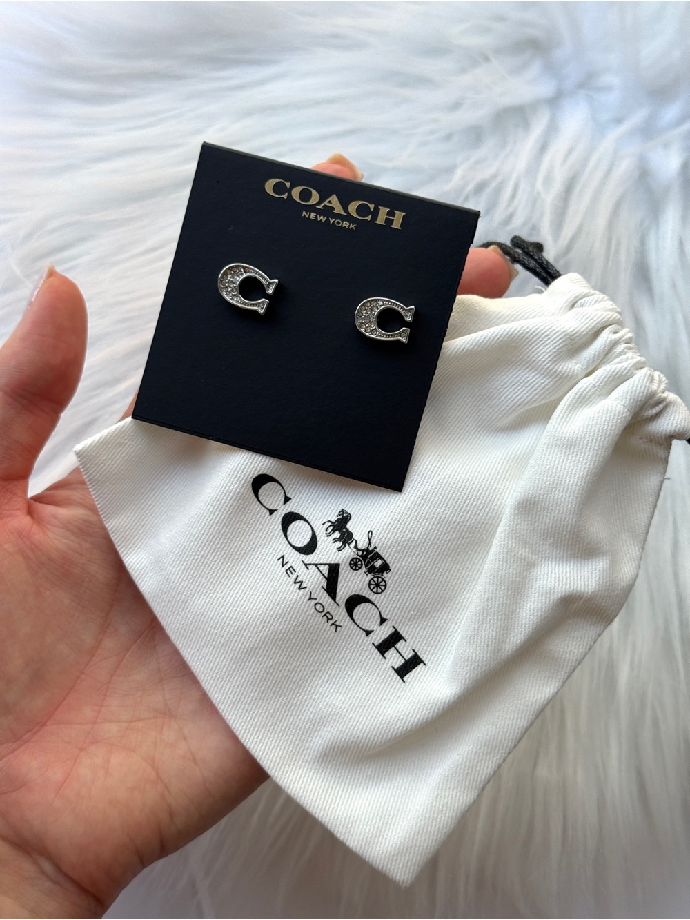 Coach Silver Crystal 'C' Stud Earrings Mini dust bag Include NEW